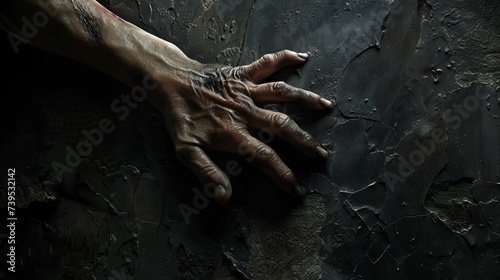 Zoomed-out view of a creepy, masculine hand with thick, claw-like nails, prominent veins, and rough skin texture, reaching out from the shadows of a black, crumbling wall, 