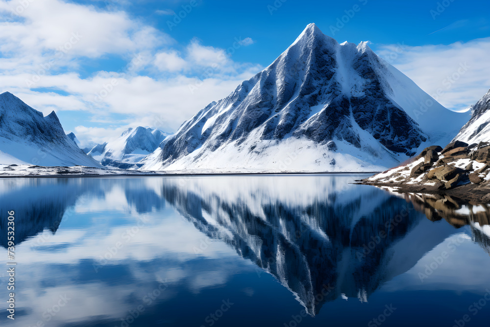 Tranquil Arctic Landscape: The Majestic Beauty of a Snow Covered Fjord Under a Crisp Blue Sky