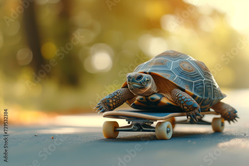 Turtle on a skateboard. Sports in nature. Slow turtle on a fast skateboard. Funny animals and reptiles. Funny animals concept. Fast movement. Traveling by transport. Place for text and advertising.