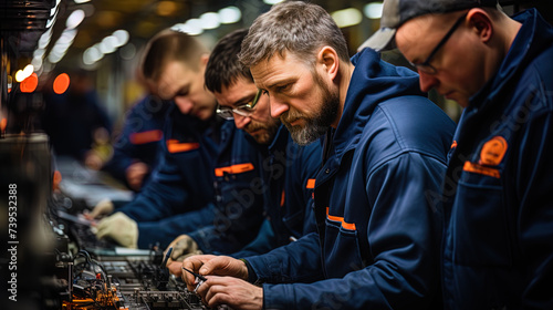 Employees of the plant, carefully monitoring the process, interact with the conveyor, adding a par