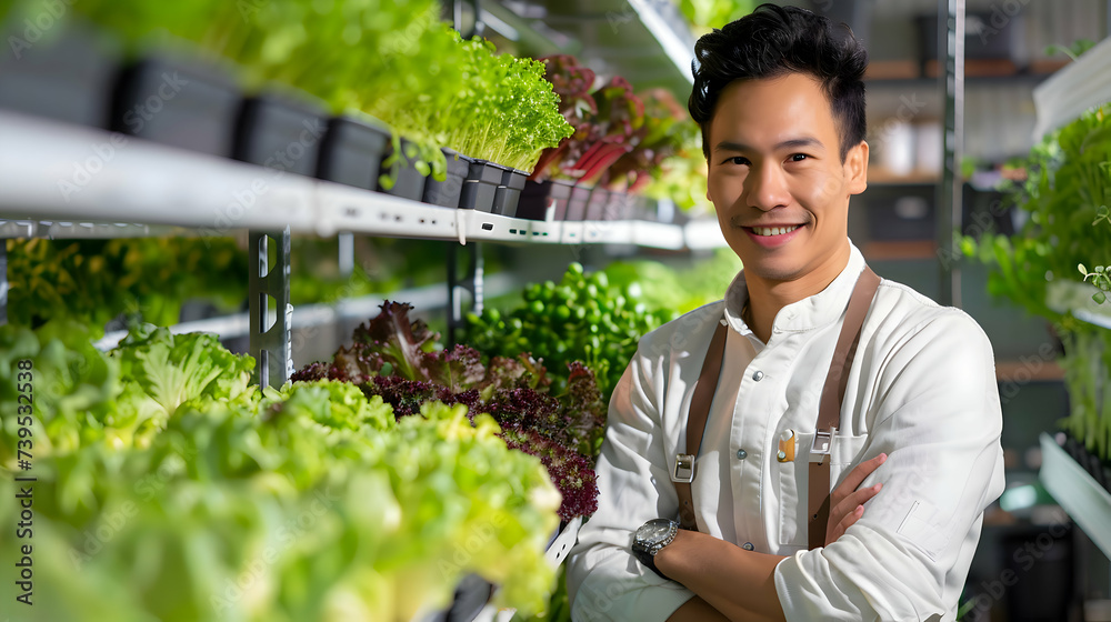 Portrait of a asian male farm owner at an indoor organic vertical farm with hydroponic vegetable system Portrait of a asian male farm owner at an indoor organic vertical farm with hydroponic vegetable system