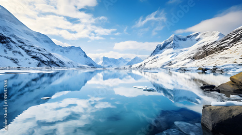 Tranquil Arctic Landscape: The Majestic Beauty of a Snow Covered Fjord Under a Crisp Blue Sky