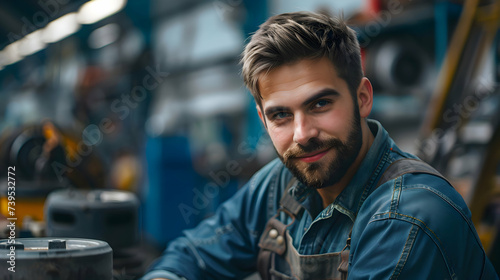 Portrait of attractive confident male auto car mechanic working in Car Service standing in front of car workshop. Working portrait concept © Annemarie