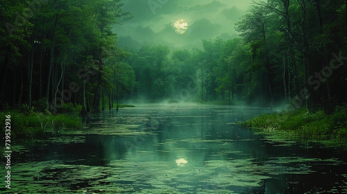Gloomy and mysterious swamps framed by thick greenery, like a place where the ancient spirits of n
