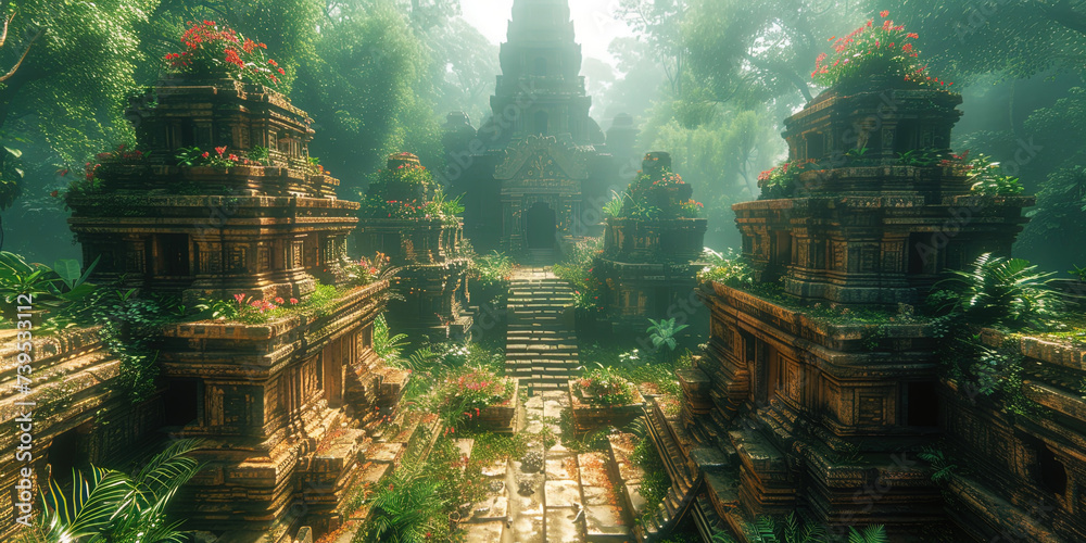 Naklejka premium Hiding ancient secrets of jungle with wood temples and ruins, like an arena for archaeological dis