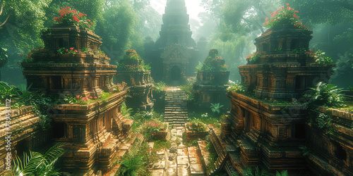 Hiding ancient secrets of jungle with wood temples and ruins, like an arena for archaeological dis photo