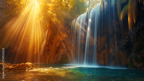 Magic waterfalls forming colorful rainbows under the light of the sun, like fountains of magic and