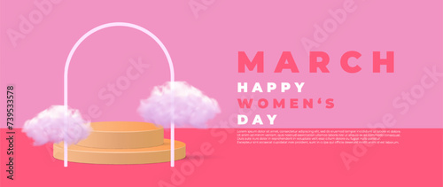 8 March. International Women's Day sales design template. Realistic 3D cylindrical podium with 8 march shaped background and cloud. Stage promotion display. Vector illustration