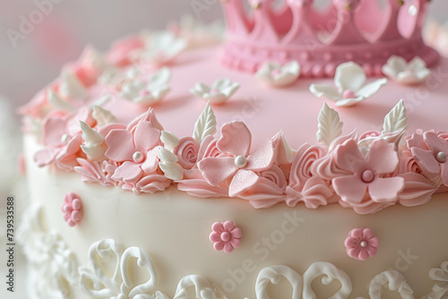 Cute princess themed birthday cake for a little girl with intricate decorations. Generative AI