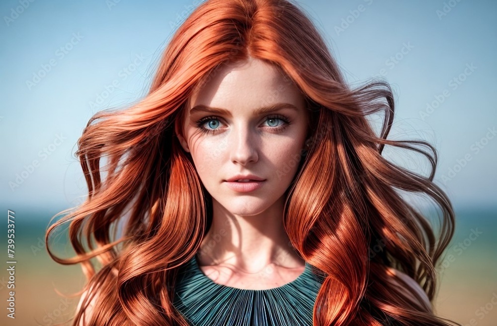 Obraz premium Photo portrait of a red-haired beauty in corrugated quilling style clothes with ruffles, made in pastel colors using muted pistachio and blue shades.