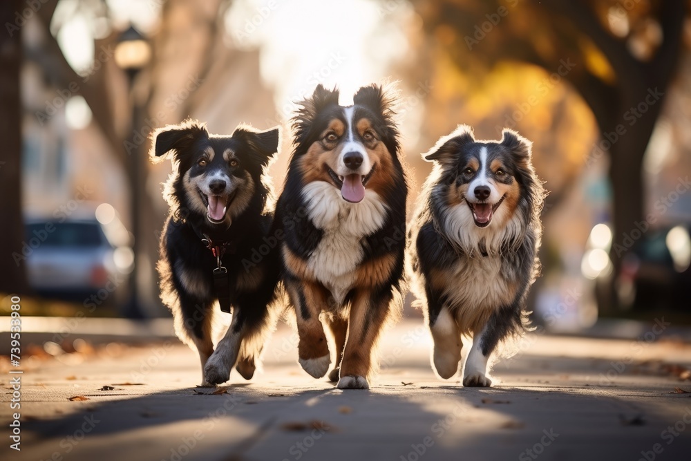 Professional dog walking service for various breeds in a lovely city park setting