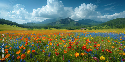Multicolor meadows, hung with colors of various shades, create a bright palette in the natural pic photo
