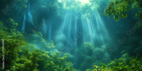 Mysterious jungle with dense foliage and powerful trees, like an impenetrable wall of natu © JVLMediaUHD