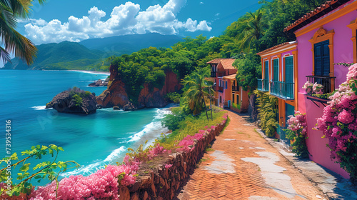 Paints, decorated with colorful vegetation and cozy bays, like pieces of paradise on E photo
