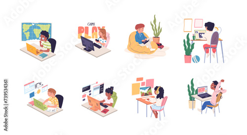 Children using pc. Child students computer internet technology, kid learner homework or game playing on laptop screen, smart kid toddler gadget addiction classy vector illustration