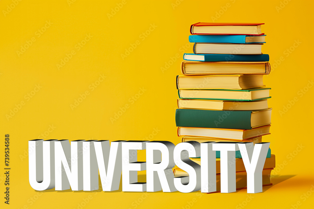 Illustration of University education concept with 3d University text and stack of books, Generative AI image. Illustration of University education concept with 3d University text and stack of books, Generative AI image.