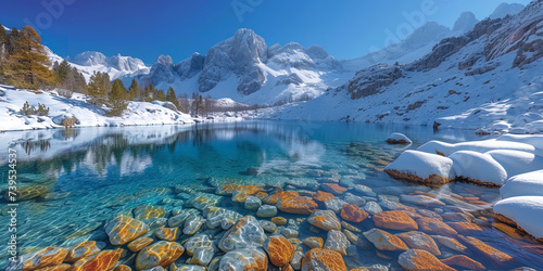 Pure and transparent icy mountain lakes, like diamond mirrors in the ice majesty of the mountai photo