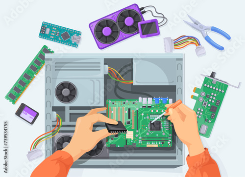 Hands assembling computer. PC warranty repair service or parts building, motherboard semiconductor fixing pcb engineering troubleshooting