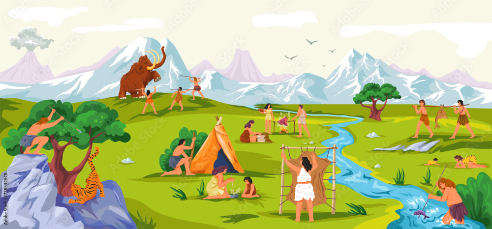 Primitive tribe life. Prehistoric people scene, caveman fur animals hunting gets tool food or fire, family characters ancient clothes stone age history recent vector illustration