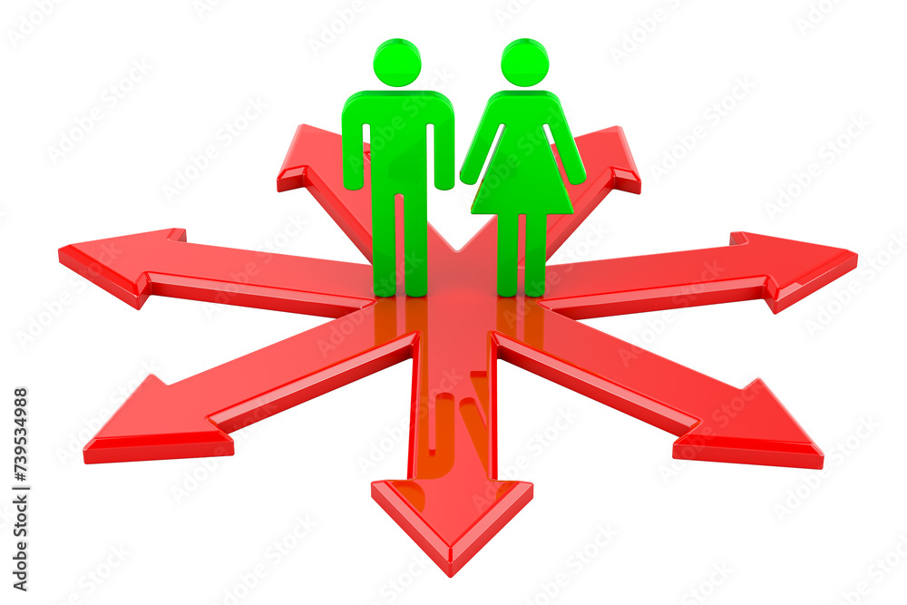 Choice concept. Couple of man and woman with arrows. 3D rendering isolated on transparent background Choice concept. Couple of man and woman with arrows. 3D rendering isolated on transparent background
