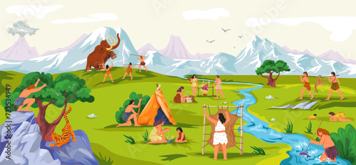 Primitive tribe life. Prehistoric people scene, caveman fur animals hunting gets tool food or fire, family characters ancient clothes stone age history recent vector illustration