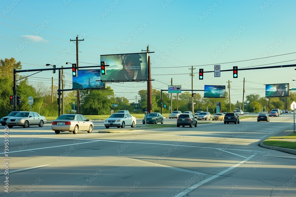 Tranquil Afternoon at Suburban Intersection with Prolonged Green Lights for Maximum Advertisement Viewing