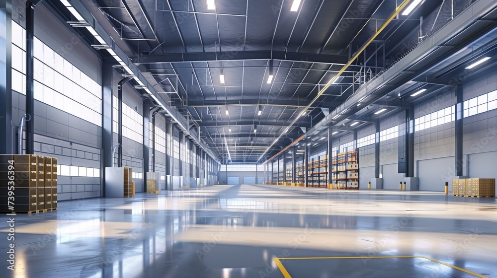 Light sunny almost empty modern warehouse logistics centre interior for transporation distribution and packaging with no people and perspective photo Light sunny almost empty modern warehouse logistics centre interior for transporation distribution and packaging with no people and perspective photo