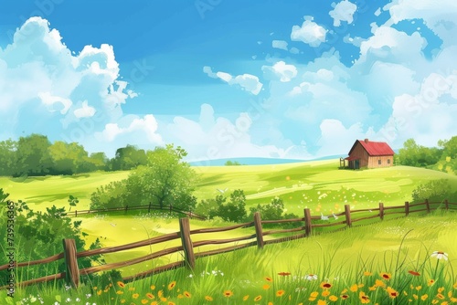 A serene summer day in the countryside, a vibrant meadow of tall grass and colorful flowers surrounds a quaint house, as fluffy clouds drift across the vast blue sky