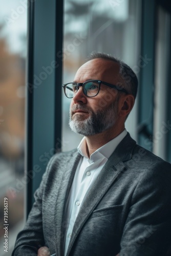 A distinguished gentleman gazes confidently out of a window, his sharp suit and eyewear reflecting his professional demeanor and successful business ventures