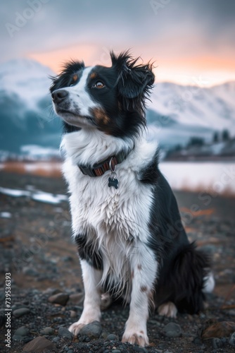 A majestic collie gazes out at the vast expanse of sky and rocky terrain, embodying the boundless spirit of a loyal canine companion