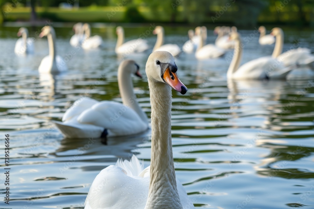 Fototapeta premium A serene scene unfolds as a majestic flock of white swans glide gracefully across the tranquil waters, their elegant beaks glistening in the sunlight amidst the natural beauty of their aquatic habita