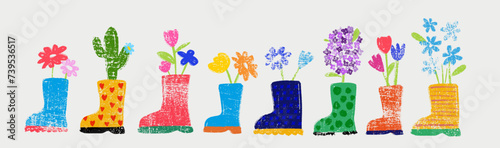 Collection of Cute colorful rubber boots with spring flowers isolated on a white background. Rubber shoes with flowers. Springtime. Trend flat design. Hand drawn kids cartoon vector illustration.