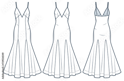 Slip Dress technical fashion illustration. Godet Maxi Dress fashion flat technical drawing template, slim fit, side zipper, straps, front and back view, white, women CAD mockup set.
