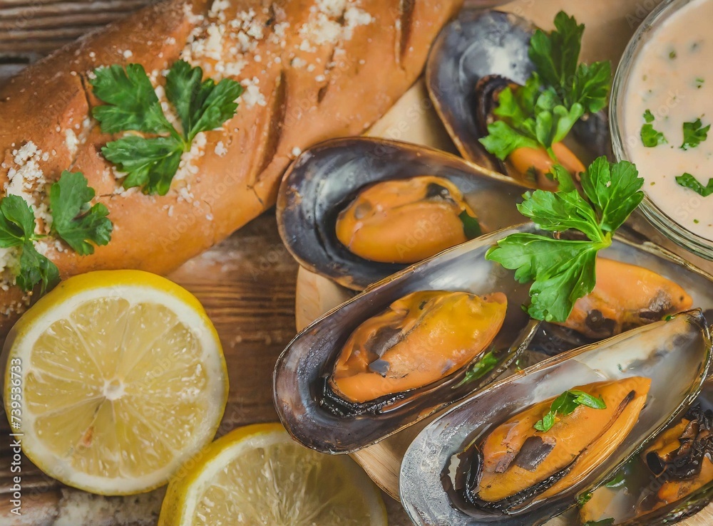 Mussels with lemon closeup isolated on table Mussels with lemon closeup isolated on table