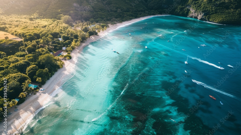 Amidst the serene landscape of a lush tree-lined beach, colorful boats sail on crystal clear waters surrounded by majestic mountains and a vibrant coral reef