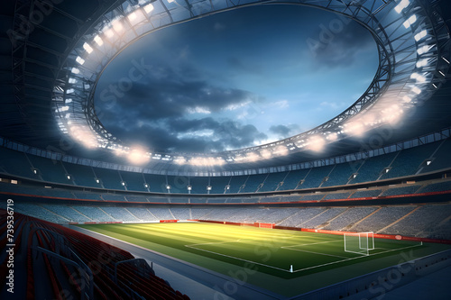 Interior of modern stadium with lights over sky - Ai generated