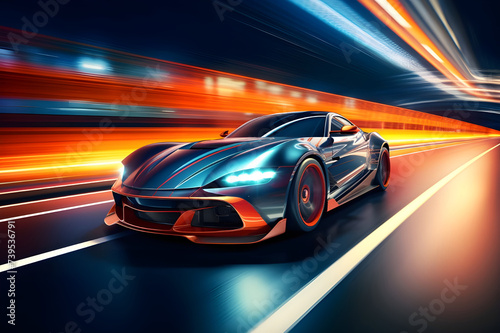 Futuristic sports car on neon highway powerful acceleration of a supercar - Ai Generated