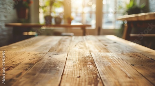 A rustic wooden table basks in the warm sunlight streaming through the indoor windows, its sturdy planks of hardwood and polished finish adding a touch of elegance to the cozy room