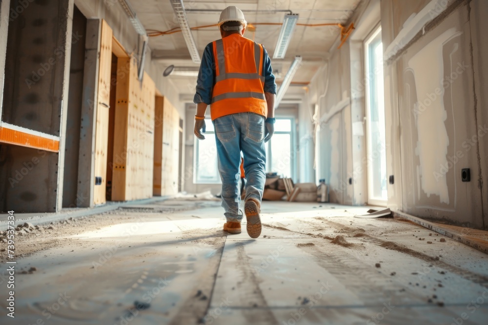 A rugged blue-collar worker, donning a hard hat and orange vest, confidently strides through the abandoned building in his sturdy jeans and work boots, a symbol of resilience and determination in the
