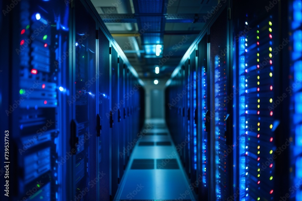 A dazzling display of electric blue servers illuminates the dimly lit indoor hallway, invoking a sense of technological majesty and infinite possibilities A dazzling display of electric blue servers illuminates the dimly lit indoor hallway, invoking a sense of technological majesty and infinite possibilities