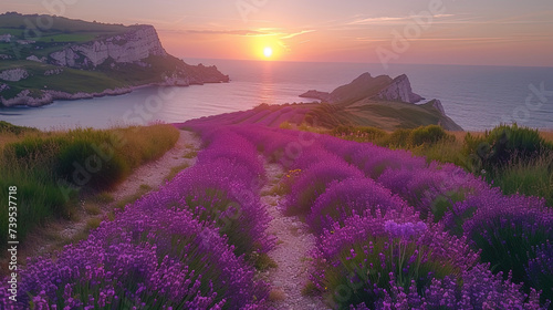 The picturesque thickets of lavender, spread to the horizon, like a purple carpet in purple tone photo