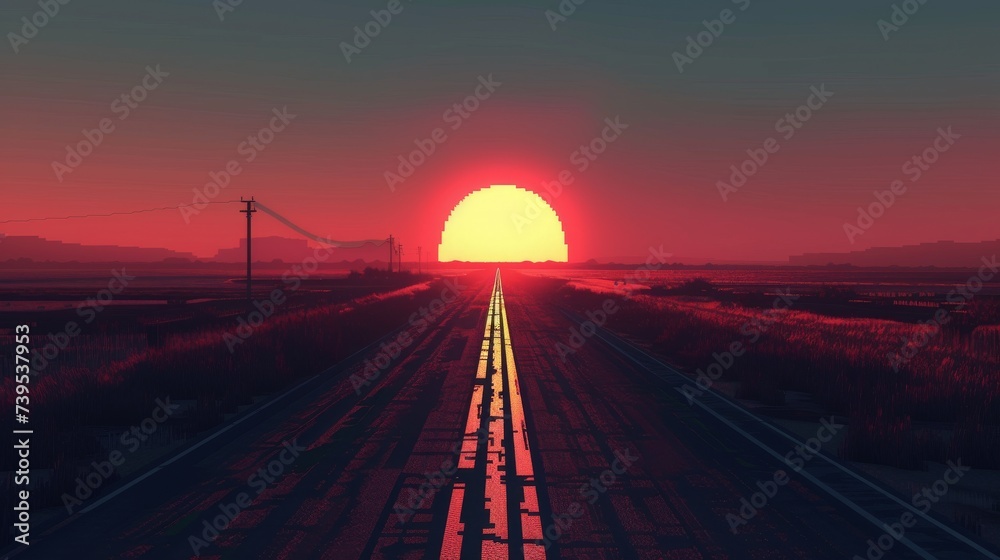 Fototapeta premium As the sun sets on the horizon, casting a warm red glow over the landscape, a lone figure walks down the outdoor track, basking in the peacefulness of the evening sky