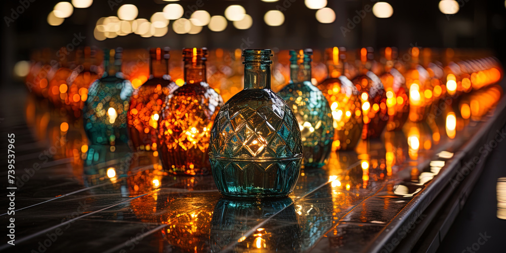 The reflection of factory lamps on the smooth surface of the bottles creates a game of light and s