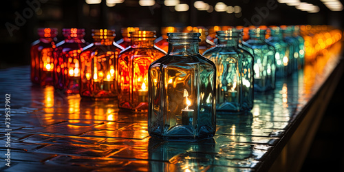 The reflection of factory lamps on the smooth surface of the bottles creates a game of light and s © JVLMediaUHD