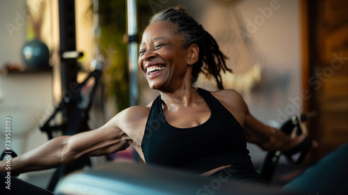 Professional Portrait of an active black African American mature woman smiling and doing fitness pilates and strength resistance training at her home gym. Candid senior female exercising at home © Sophie 