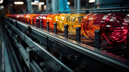 The side view of the conveyor showing many parallel ribbons filled with bottles of various shapes photo