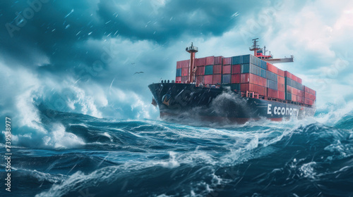 A container trading ship with name Economy is written, sails through a stormy ocean with large waves. Exchange trading schedules. Difficult economic situation.