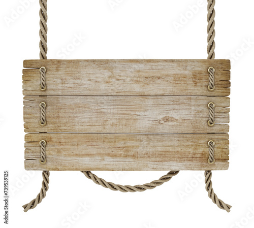Fototapeta Naklejka Na Ścianę i Meble -  Old wooden plank tied with rope isolated on transparent background. 3D illustration
