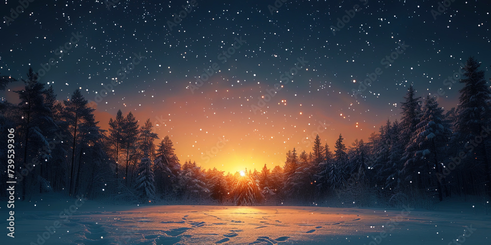 The sky during the winter evening, where the stars sparkle brighter against the background of a co - obrazy, fototapety, plakaty 