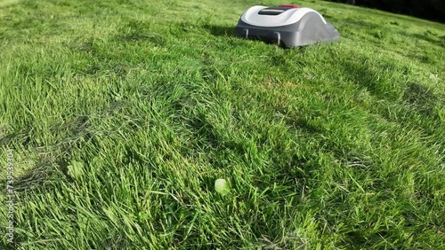 Robot tondeuse et herbe passe en haut photo